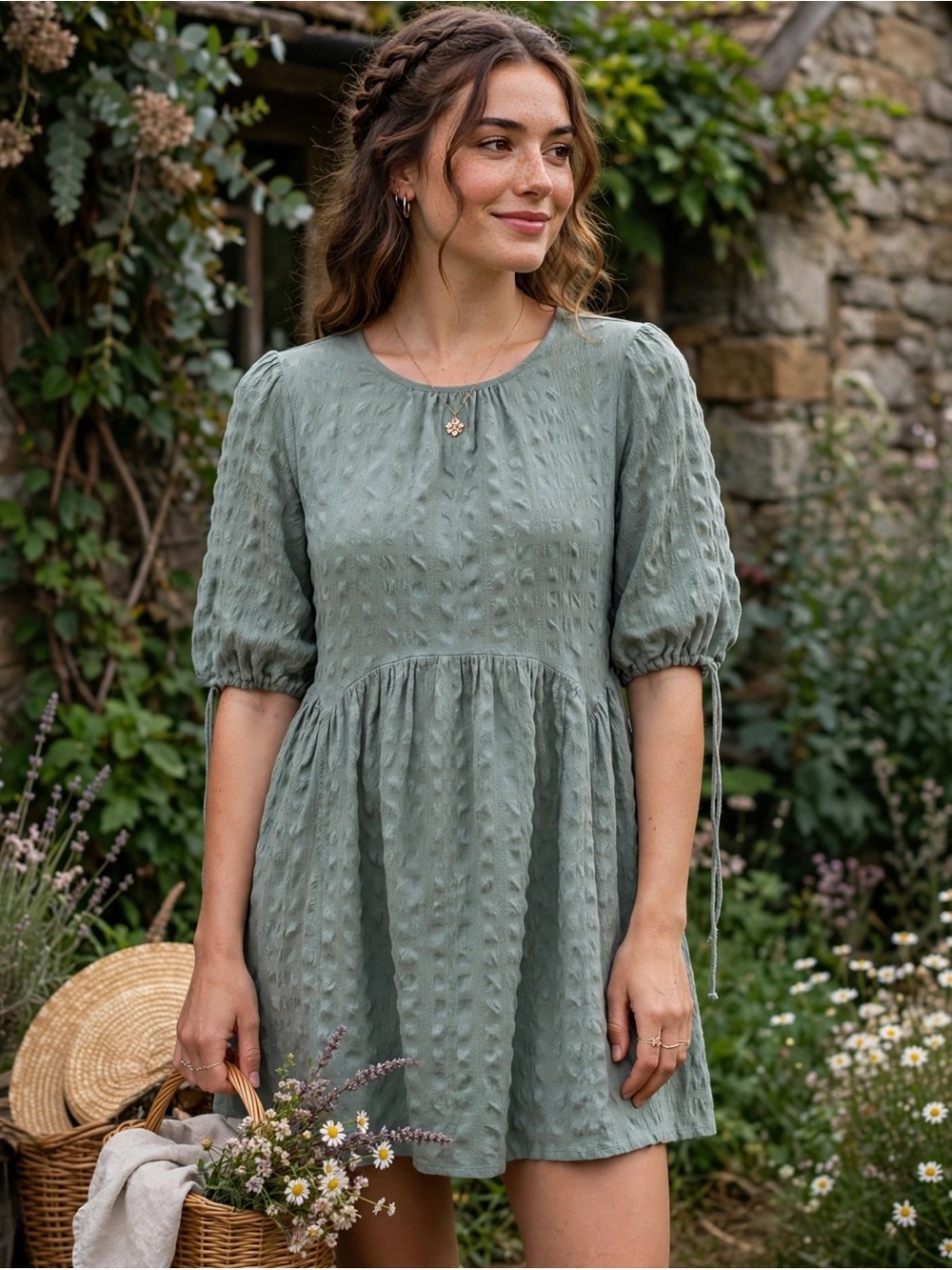 ASOS Sage Green Babydoll Mini Dress 8 Puff Sleeve Open Back Cottagecore